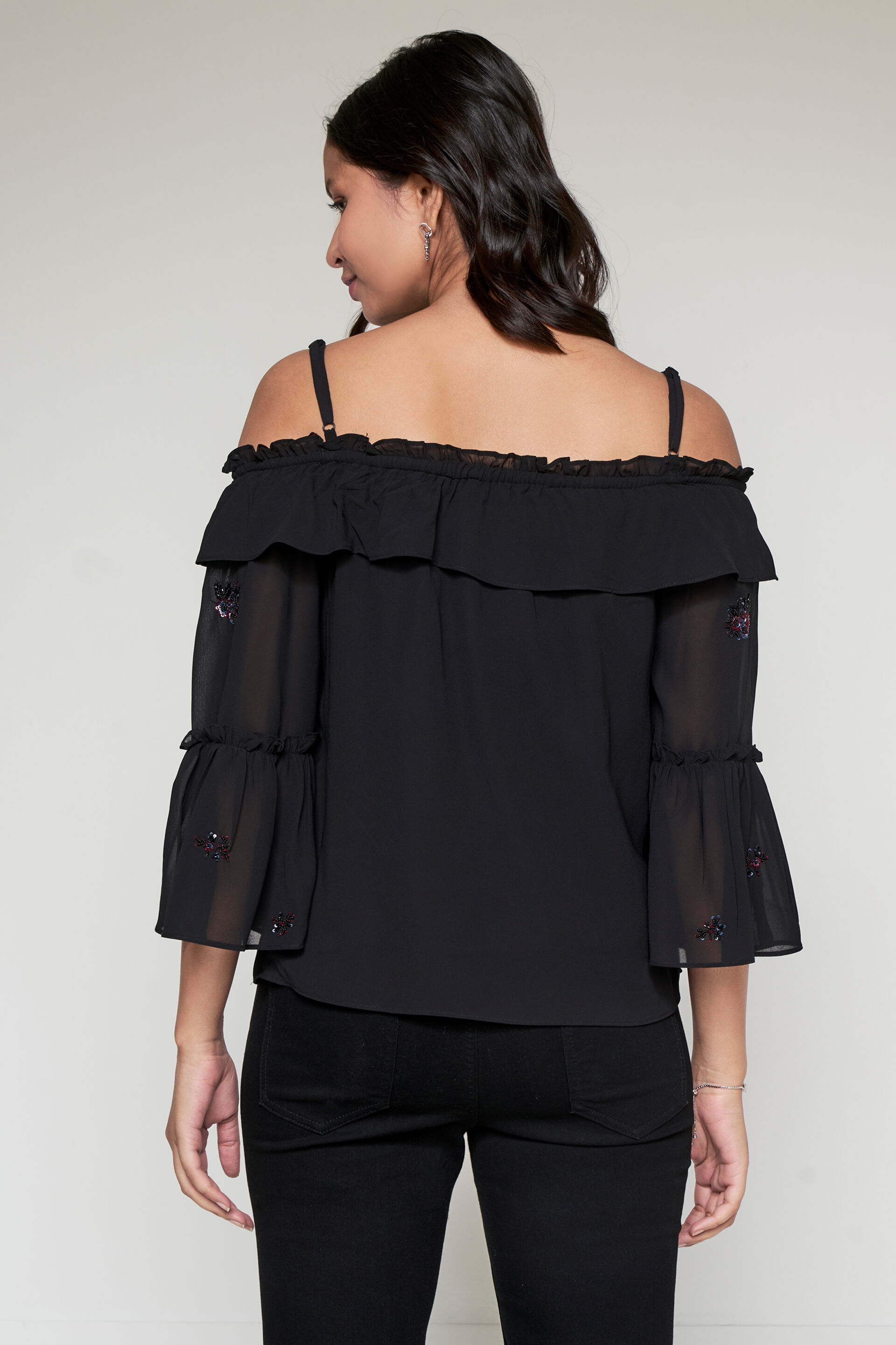 Black Embellished Off-Shoulder Top, Black, image 4